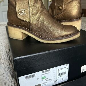 CHANEL Women's Metallic Gold Ankle Booties